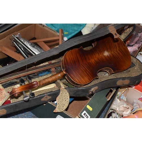 870 - FOUR BOXES OF HOUSEHOLD ITEMS to include a cased violin a/f, wool balls, ribbon, scarves, fabric, se... 