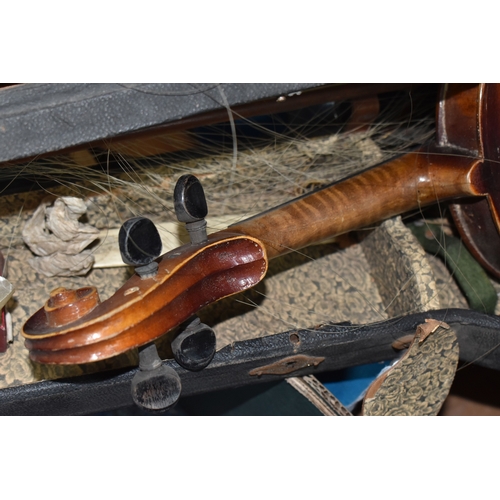 870 - FOUR BOXES OF HOUSEHOLD ITEMS to include a cased violin a/f, wool balls, ribbon, scarves, fabric, se... 