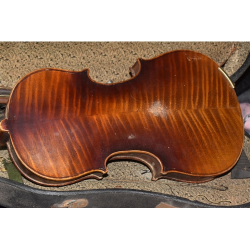 870 - FOUR BOXES OF HOUSEHOLD ITEMS to include a cased violin a/f, wool balls, ribbon, scarves, fabric, se... 