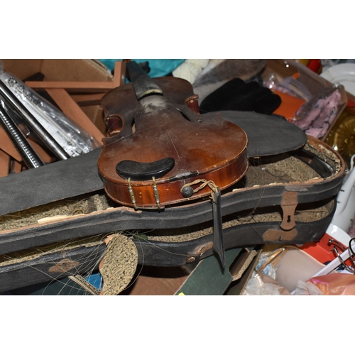 870 - FOUR BOXES OF HOUSEHOLD ITEMS to include a cased violin a/f, wool balls, ribbon, scarves, fabric, se... 