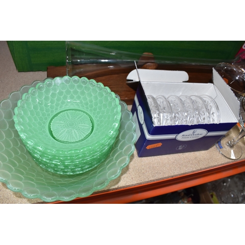 890 - THREE BOXES AND LOOSE CERAMICS AND GLASS to include a group of Bagley and Co. uranium glass 'Fish sc... 