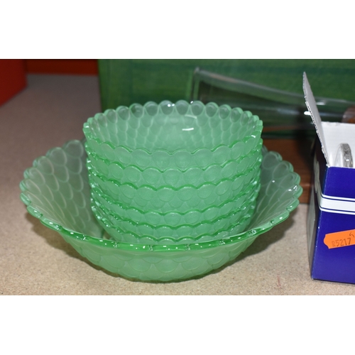 890 - THREE BOXES AND LOOSE CERAMICS AND GLASS to include a group of Bagley and Co. uranium glass 'Fish sc... 