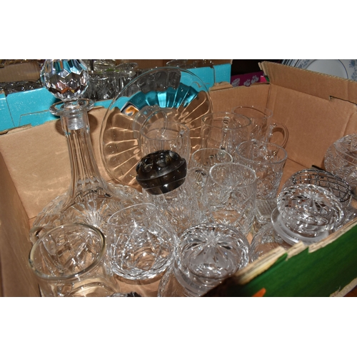 890 - THREE BOXES AND LOOSE CERAMICS AND GLASS to include a group of Bagley and Co. uranium glass 'Fish sc... 