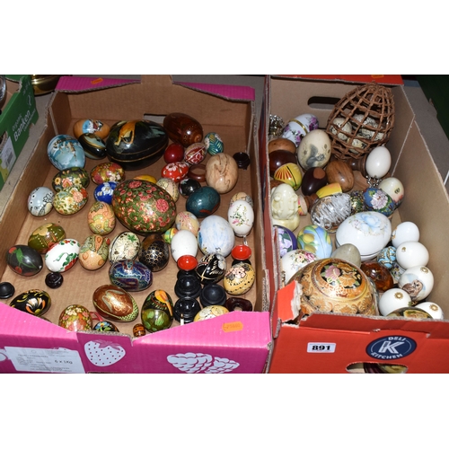 891 - TWO BOXES OF DECORATIVE EGG ORNAMENTS to include five decorated with Orthodox Christian motifs, a la... 