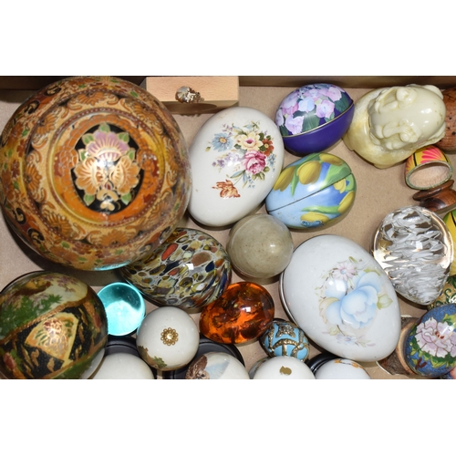 891 - TWO BOXES OF DECORATIVE EGG ORNAMENTS to include five decorated with Orthodox Christian motifs, a la... 