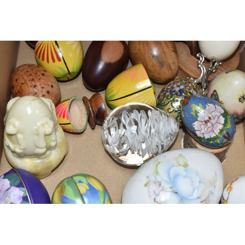 891 - TWO BOXES OF DECORATIVE EGG ORNAMENTS to include five decorated with Orthodox Christian motifs, a la... 