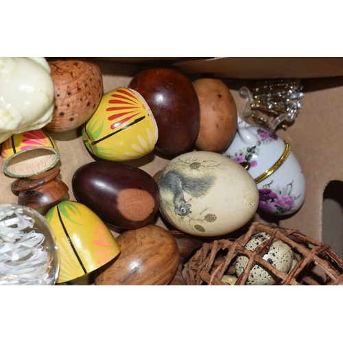 891 - TWO BOXES OF DECORATIVE EGG ORNAMENTS to include five decorated with Orthodox Christian motifs, a la... 