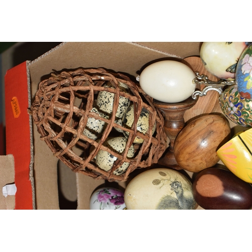 891 - TWO BOXES OF DECORATIVE EGG ORNAMENTS to include five decorated with Orthodox Christian motifs, a la... 