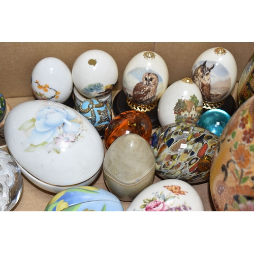 891 - TWO BOXES OF DECORATIVE EGG ORNAMENTS to include five decorated with Orthodox Christian motifs, a la... 