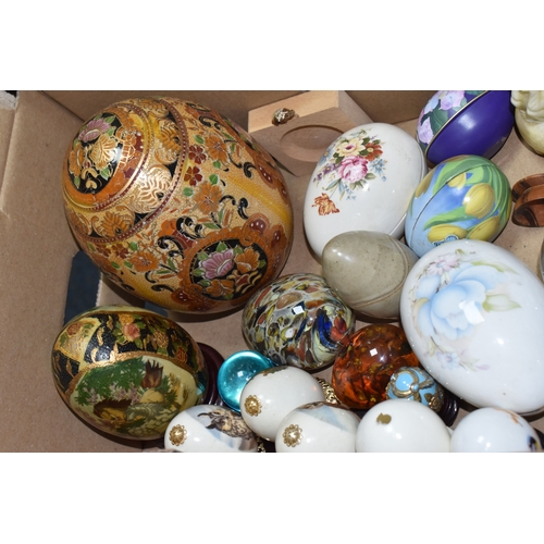 891 - TWO BOXES OF DECORATIVE EGG ORNAMENTS to include five decorated with Orthodox Christian motifs, a la... 