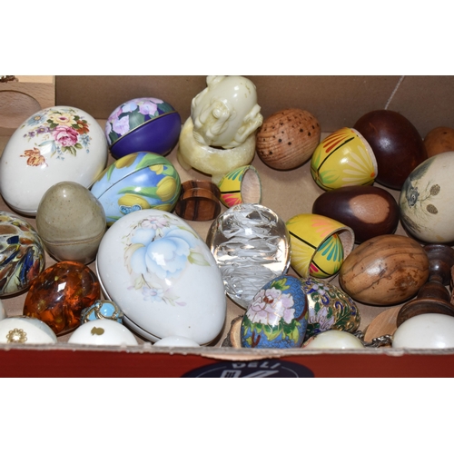 891 - TWO BOXES OF DECORATIVE EGG ORNAMENTS to include five decorated with Orthodox Christian motifs, a la... 