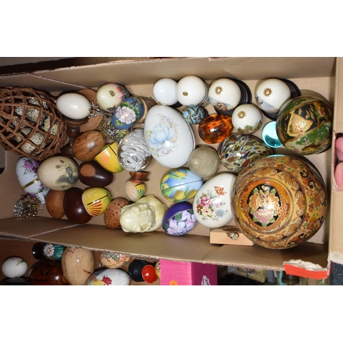 891 - TWO BOXES OF DECORATIVE EGG ORNAMENTS to include five decorated with Orthodox Christian motifs, a la... 