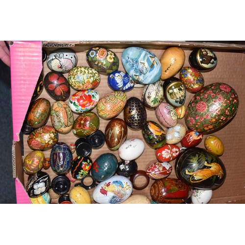 891 - TWO BOXES OF DECORATIVE EGG ORNAMENTS to include five decorated with Orthodox Christian motifs, a la... 