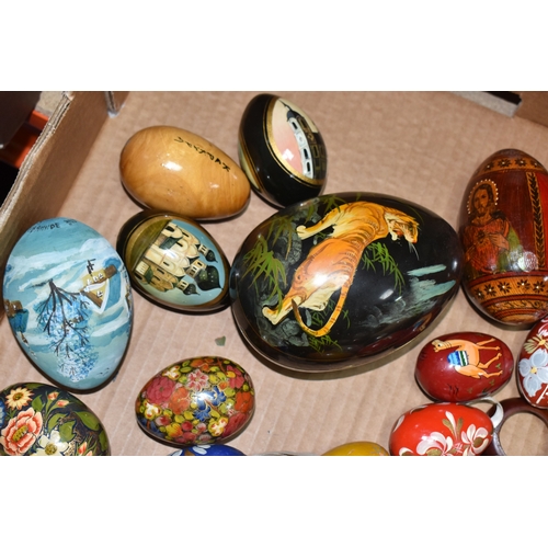 891 - TWO BOXES OF DECORATIVE EGG ORNAMENTS to include five decorated with Orthodox Christian motifs, a la... 