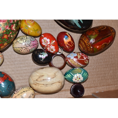 891 - TWO BOXES OF DECORATIVE EGG ORNAMENTS to include five decorated with Orthodox Christian motifs, a la... 
