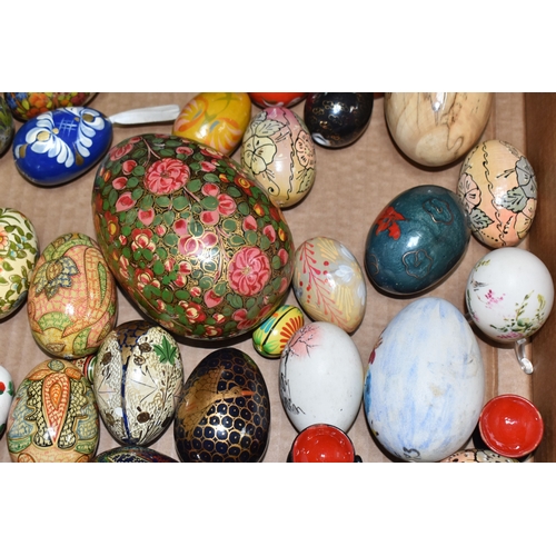 891 - TWO BOXES OF DECORATIVE EGG ORNAMENTS to include five decorated with Orthodox Christian motifs, a la... 