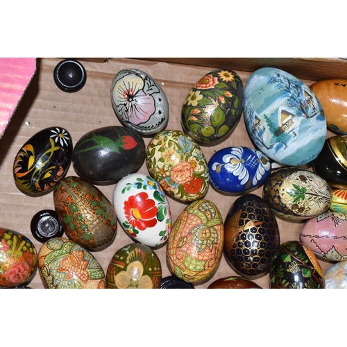 891 - TWO BOXES OF DECORATIVE EGG ORNAMENTS to include five decorated with Orthodox Christian motifs, a la... 