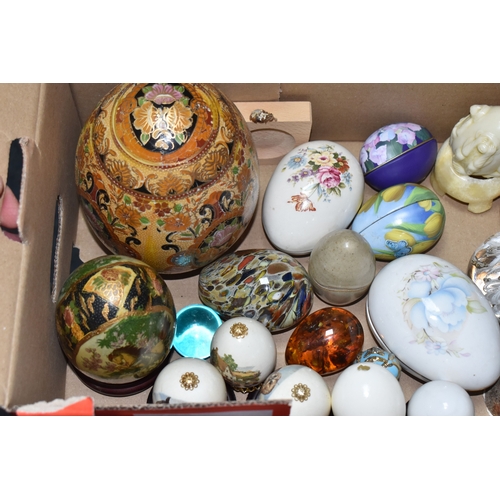 891 - TWO BOXES OF DECORATIVE EGG ORNAMENTS to include five decorated with Orthodox Christian motifs, a la... 