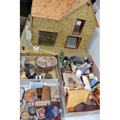 949 - THREE BOXES AND LOOSE DOLLS HOUSE AND ACCESSORIES comprising a large dolls house in the form of a ha... 