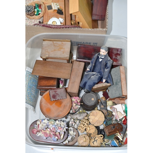 949 - THREE BOXES AND LOOSE DOLLS HOUSE AND ACCESSORIES comprising a large dolls house in the form of a ha... 
