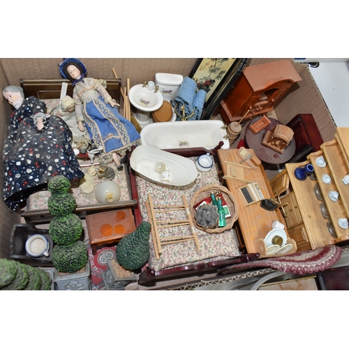 949 - THREE BOXES AND LOOSE DOLLS HOUSE AND ACCESSORIES comprising a large dolls house in the form of a ha... 
