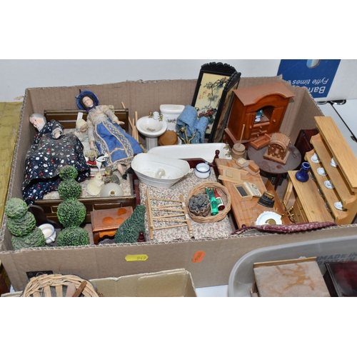 949 - THREE BOXES AND LOOSE DOLLS HOUSE AND ACCESSORIES comprising a large dolls house in the form of a ha... 