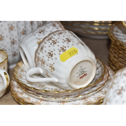 974 - A SPODE 'FLEUR DE LYS GOLD' DINNER AND TEA SERVICE comprising a tureen, a sauce boat and stand, a me... 