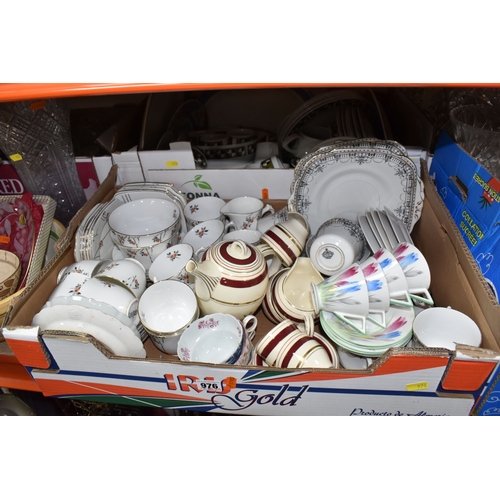 976 - SIX BOXES AND LOOSE CERAMICS AND GLASS to include a box of part tea sets comprising manufacturers Sh... 