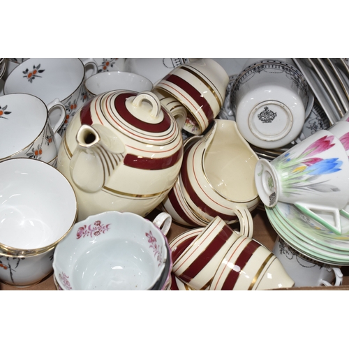 976 - SIX BOXES AND LOOSE CERAMICS AND GLASS to include a box of part tea sets comprising manufacturers Sh... 