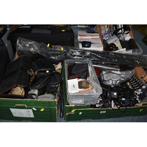 994 - THREE BOXES AND LOOSE PHOTOGRAPHY EQUPMENT AND ACCESSORIES to include a Calumet tripod, a Vanguard M... 