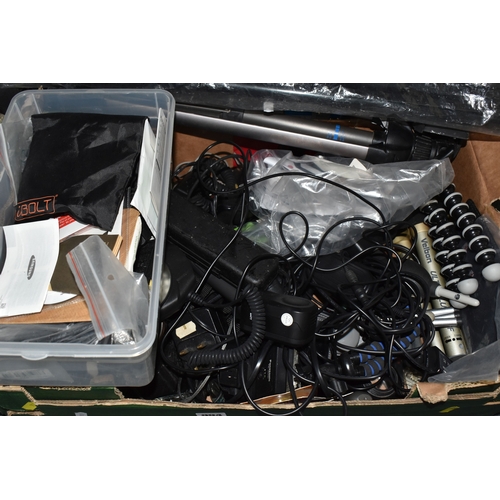 994 - THREE BOXES AND LOOSE PHOTOGRAPHY EQUPMENT AND ACCESSORIES to include a Calumet tripod, a Vanguard M... 