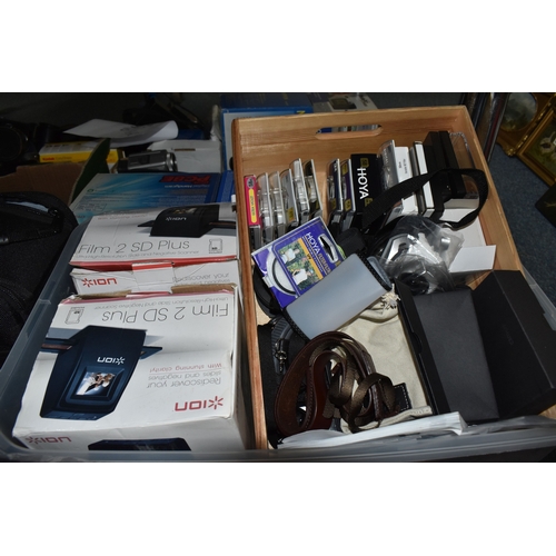 994 - THREE BOXES AND LOOSE PHOTOGRAPHY EQUPMENT AND ACCESSORIES to include a Calumet tripod, a Vanguard M... 
