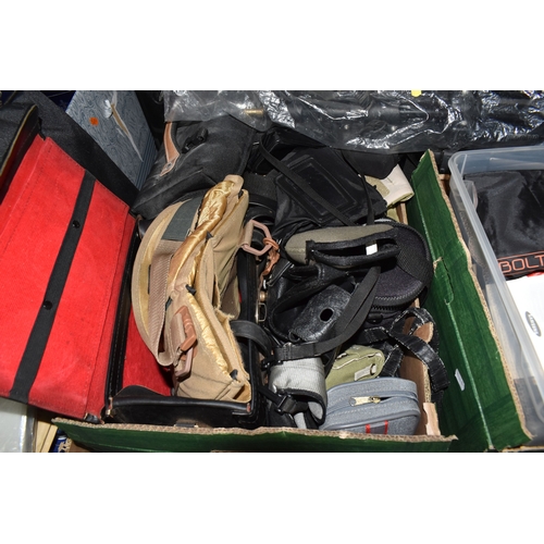 994 - THREE BOXES AND LOOSE PHOTOGRAPHY EQUPMENT AND ACCESSORIES to include a Calumet tripod, a Vanguard M... 