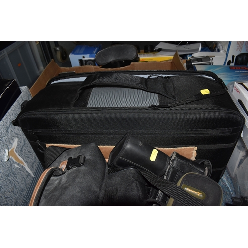 994 - THREE BOXES AND LOOSE PHOTOGRAPHY EQUPMENT AND ACCESSORIES to include a Calumet tripod, a Vanguard M... 