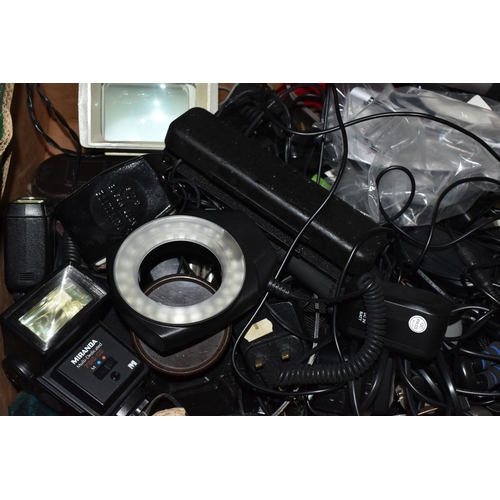 994 - THREE BOXES AND LOOSE PHOTOGRAPHY EQUPMENT AND ACCESSORIES to include a Calumet tripod, a Vanguard M... 