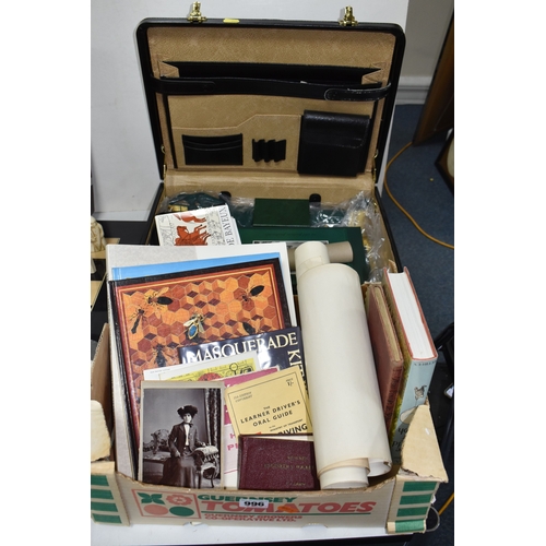 996 - A BOX AND A CASE OF BOOKS, EPHEMERA AND MASONIC ITEMS to include two titles related to the Bayeux Ta... 