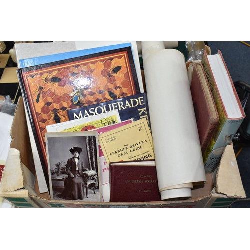 996 - A BOX AND A CASE OF BOOKS, EPHEMERA AND MASONIC ITEMS to include two titles related to the Bayeux Ta... 