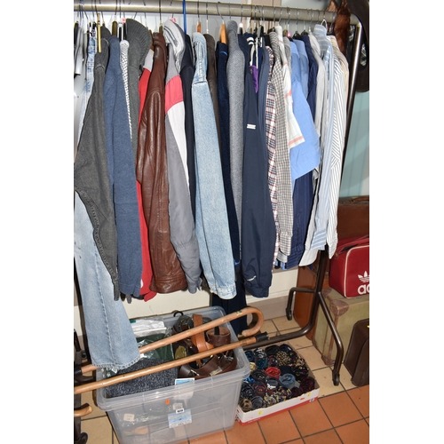 920 - TWO BOXES AND LOOSE MEN'S CLOTHING, ACCESSORIES AND LUGGAGE, to include jackets, shirts, knitwear, j... 