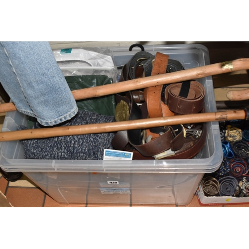 920 - TWO BOXES AND LOOSE MEN'S CLOTHING, ACCESSORIES AND LUGGAGE, to include jackets, shirts, knitwear, j... 