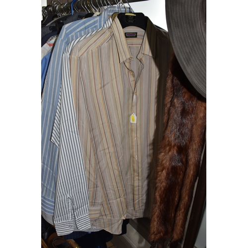 920 - TWO BOXES AND LOOSE MEN'S CLOTHING, ACCESSORIES AND LUGGAGE, to include jackets, shirts, knitwear, j... 