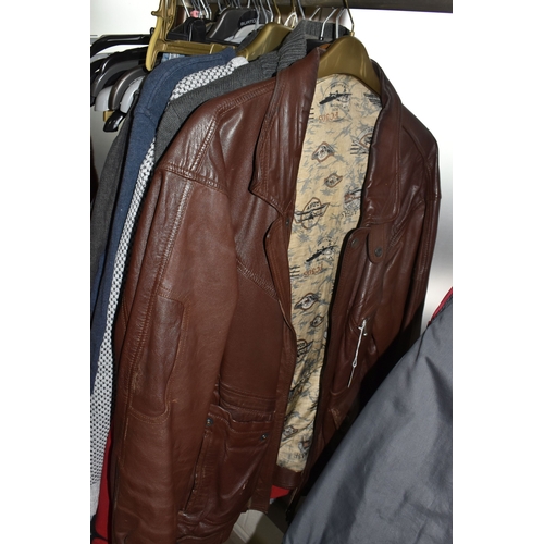 920 - TWO BOXES AND LOOSE MEN'S CLOTHING, ACCESSORIES AND LUGGAGE, to include jackets, shirts, knitwear, j... 