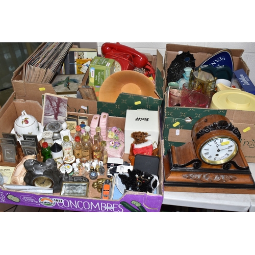 1011 - THREE BOXES AND LOOSE MANTEL CLOCK AND MISCELLANEOUS ITEMS, to include a wooden cased mantel clock, ... 