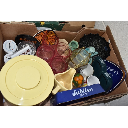 1011 - THREE BOXES AND LOOSE MANTEL CLOCK AND MISCELLANEOUS ITEMS, to include a wooden cased mantel clock, ... 