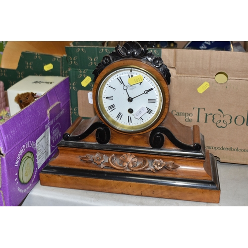 1011 - THREE BOXES AND LOOSE MANTEL CLOCK AND MISCELLANEOUS ITEMS, to include a wooden cased mantel clock, ... 