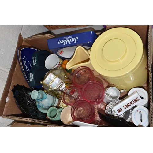 1011 - THREE BOXES AND LOOSE MANTEL CLOCK AND MISCELLANEOUS ITEMS, to include a wooden cased mantel clock, ... 