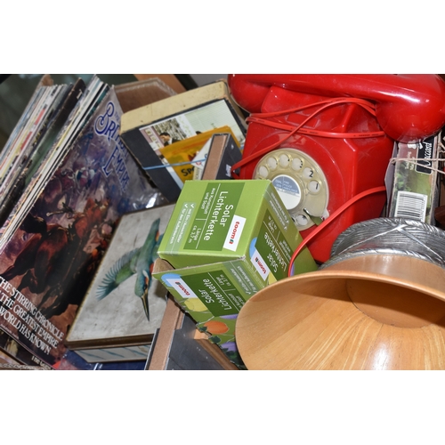 1011 - THREE BOXES AND LOOSE MANTEL CLOCK AND MISCELLANEOUS ITEMS, to include a wooden cased mantel clock, ... 
