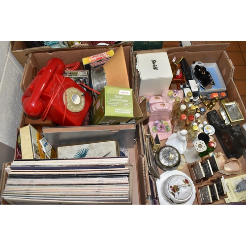 1011 - THREE BOXES AND LOOSE MANTEL CLOCK AND MISCELLANEOUS ITEMS, to include a wooden cased mantel clock, ... 