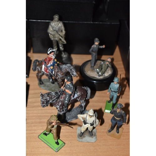 799 - A GROUP OF METAL VINTAGE SOLDIER FIGURES, comprising sixteen miniature silver plated Royal Hampshire... 