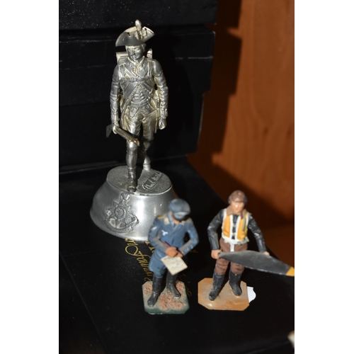 799 - A GROUP OF METAL VINTAGE SOLDIER FIGURES, comprising sixteen miniature silver plated Royal Hampshire... 