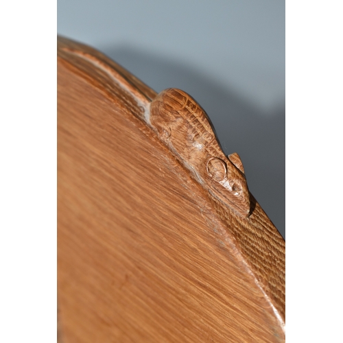 801 - A ROBERT MOUSEMAN THOMPSON OAK BOOK SHELF, single shelf with shaped adzed ends, carved with signatur... 